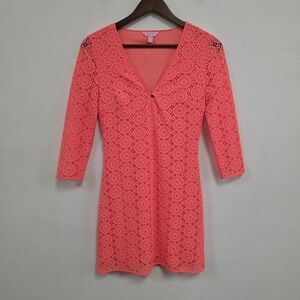Lilly Pulitzer Lamora Dress Size XS Pink Eyelet 3/4 Sleeve Beach Crochet V Neck